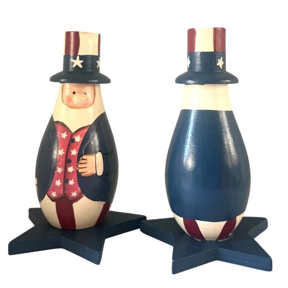 Pair Of Uncle Sam Wooden Americana Folk Art  Figurines Star Base USA Patriotic - Picture 1 of 6